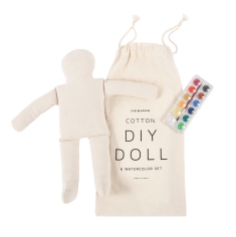 DIY Watercolor Doll Set $32 Paint this pure cotton DIY doll with the enclosed watercolor set, or use your own markers, fabric, glitter, yarn — whatever embellishment strikes your fancy.